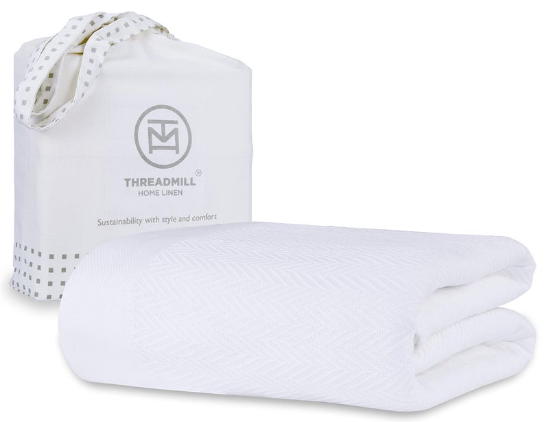 Threadmill Luxury Cotton Blanket for Queen Size Bed | All-Seasons Breathable Oeko TEX 100% Cotton Queen Blanket | Cozy, Soft Fall Thermals fits Full Size Bed, 90x92 inches | White - Image 1